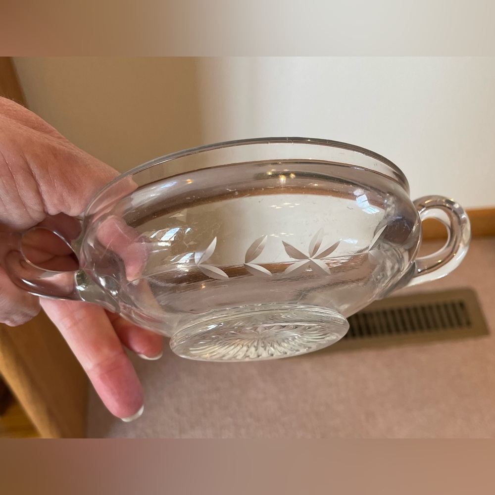 Vintage Etched Clear Glass Sugar Bowl with Handles